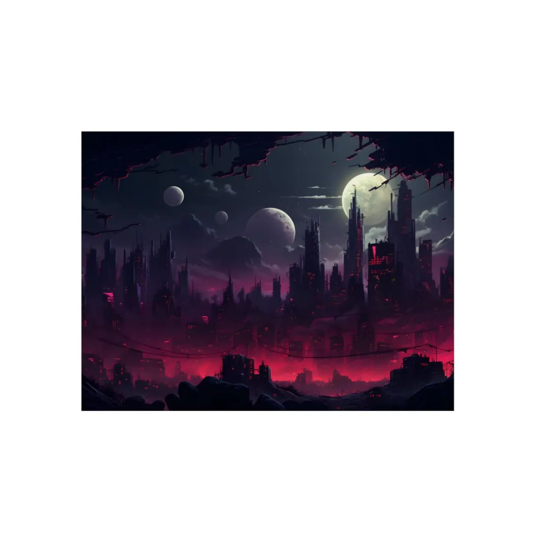 Burning Cyberpunk Cityscape at Night: Digital Art - Metal Poster
