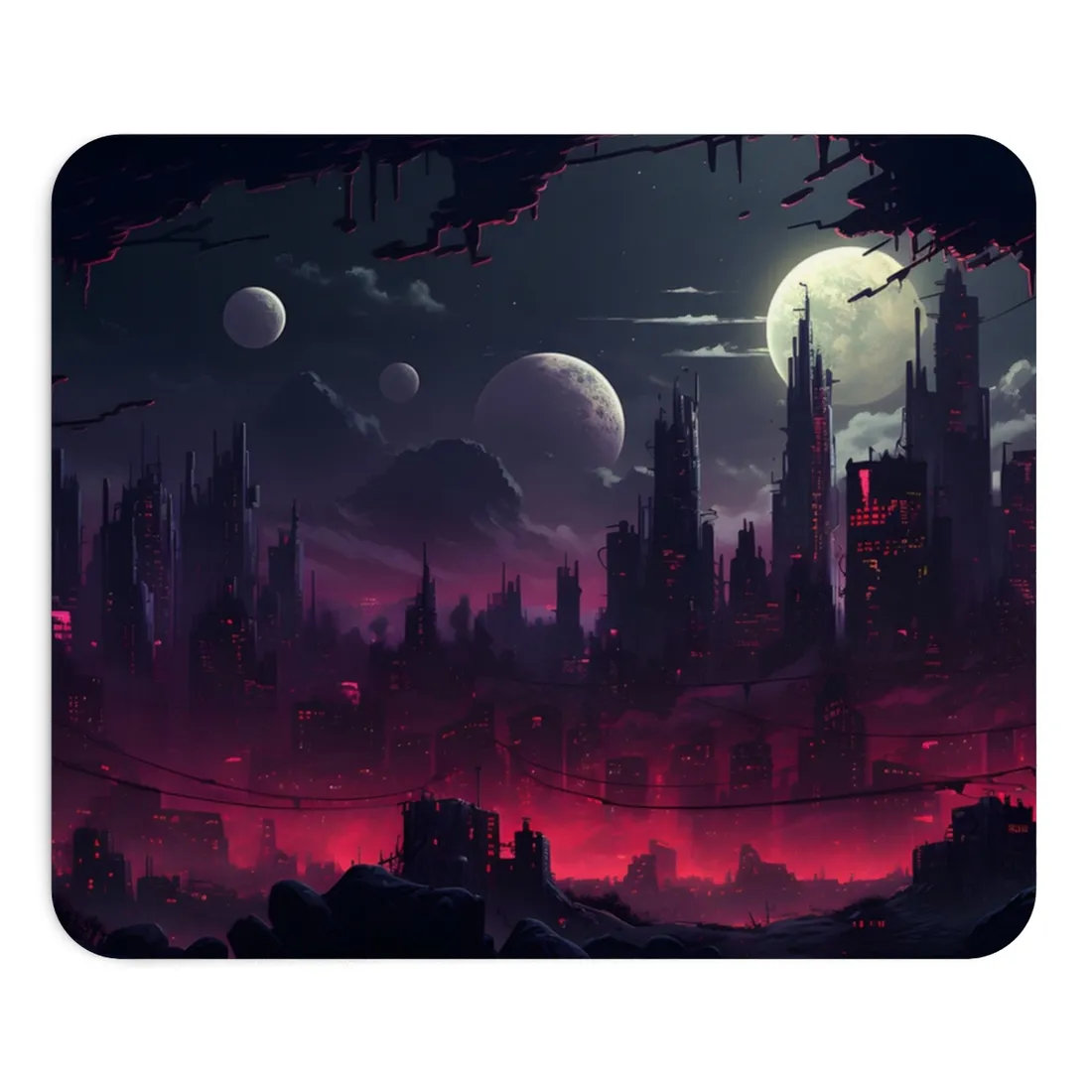 Burning Cyberpunk Cityscape at Night: Digital Art - Mouse Pad