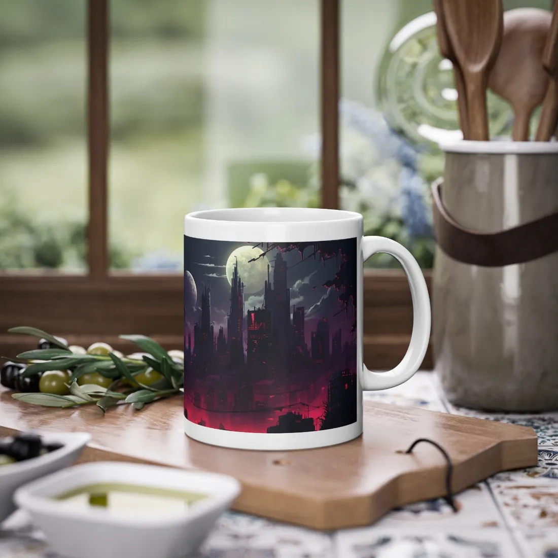 Burning Cyberpunk Cityscape at Night: Digital Art - Mug