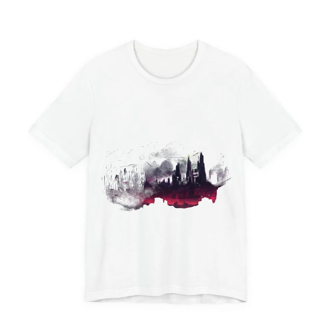 Burning Cyberpunk Cityscape at Night: Digital Art T-Shirt - T-Shirt (White)