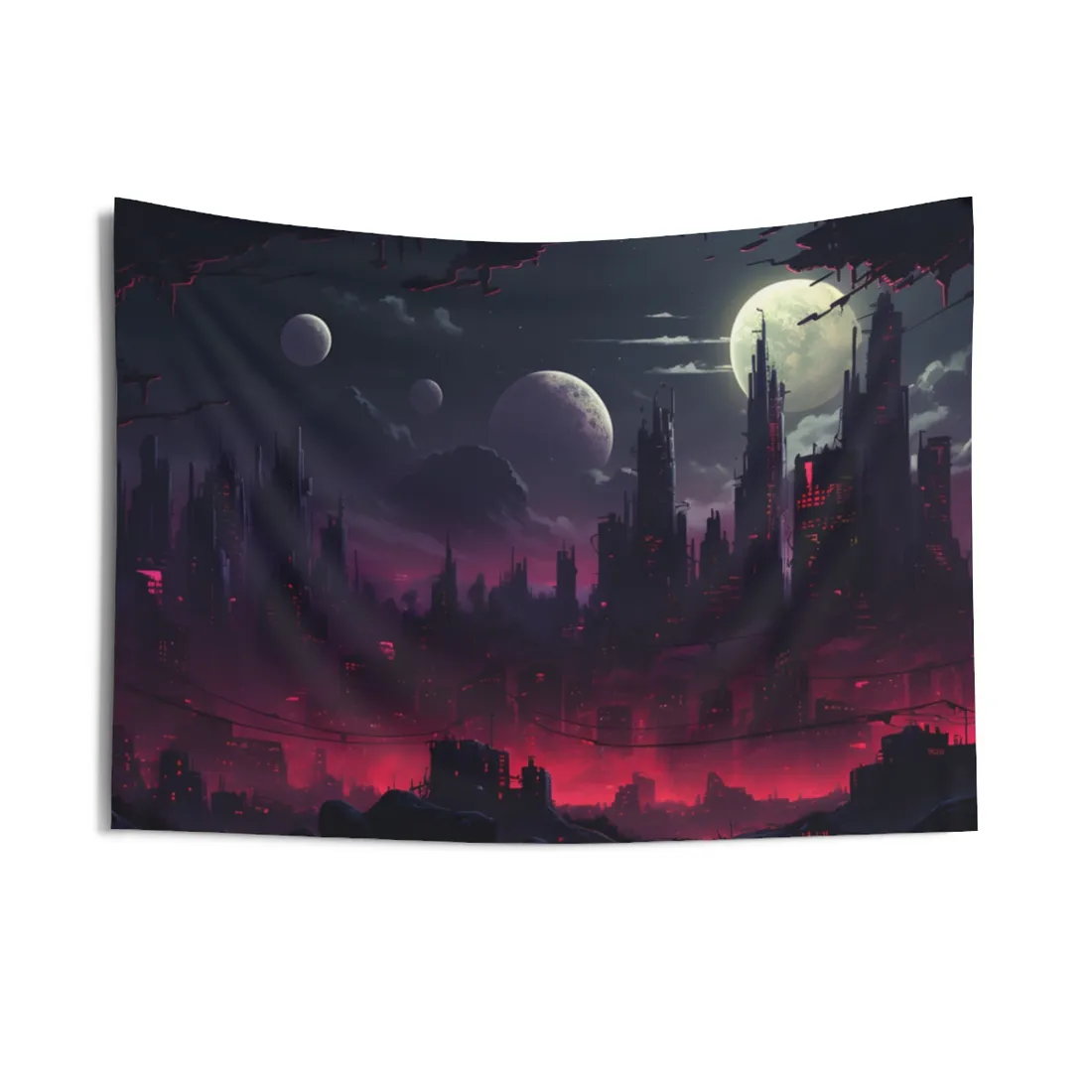 Burning Cyberpunk Cityscape at Night: Digital Art - Wall Tapestry