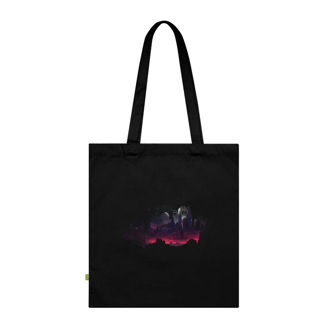 Dark futuristic city skyline at night beneath a glowing full moon, with red-lit towers and ruins – Tote Bag, black