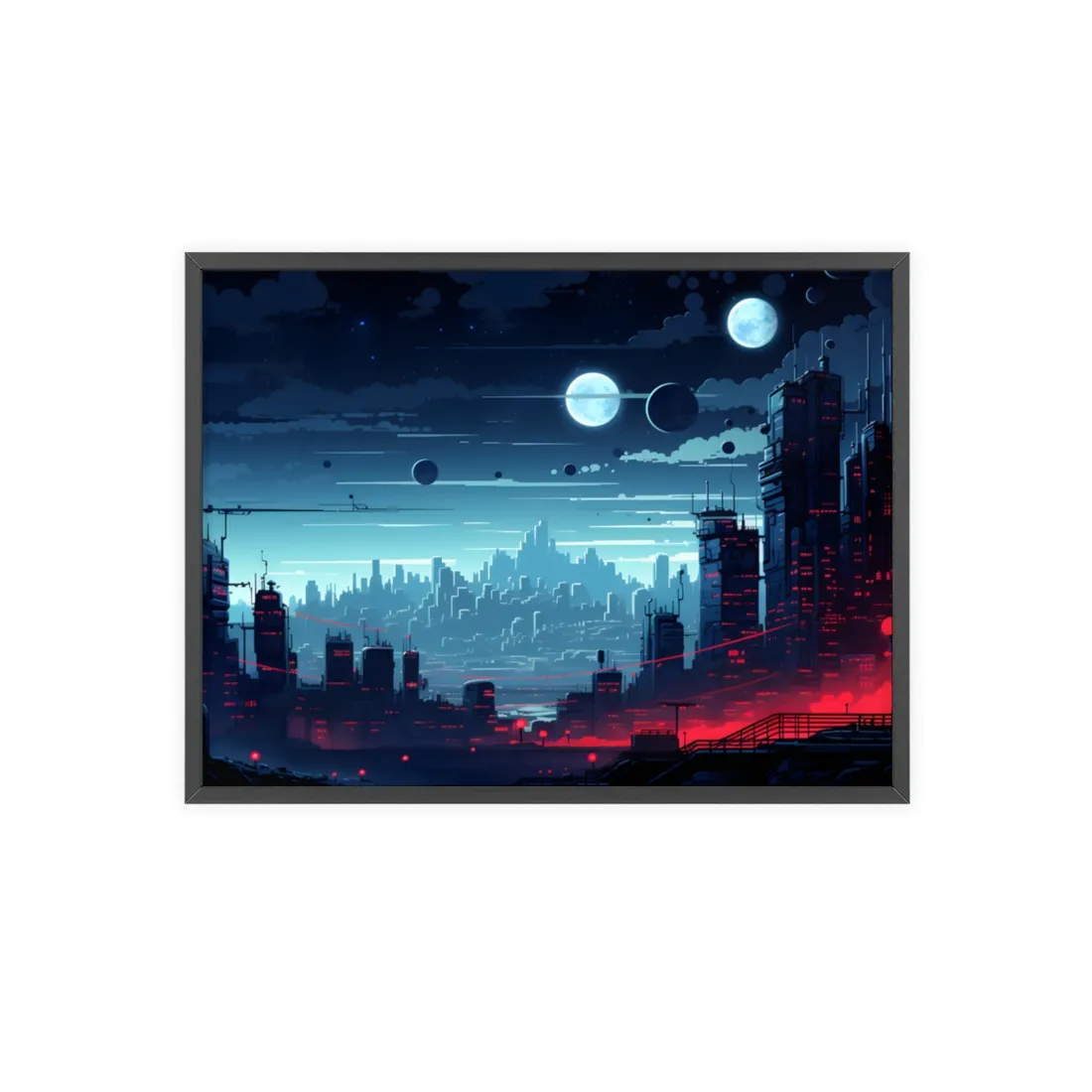 Burning Cyberpunk Cityscape at Night: Landscape Digital Art - Framed Poster