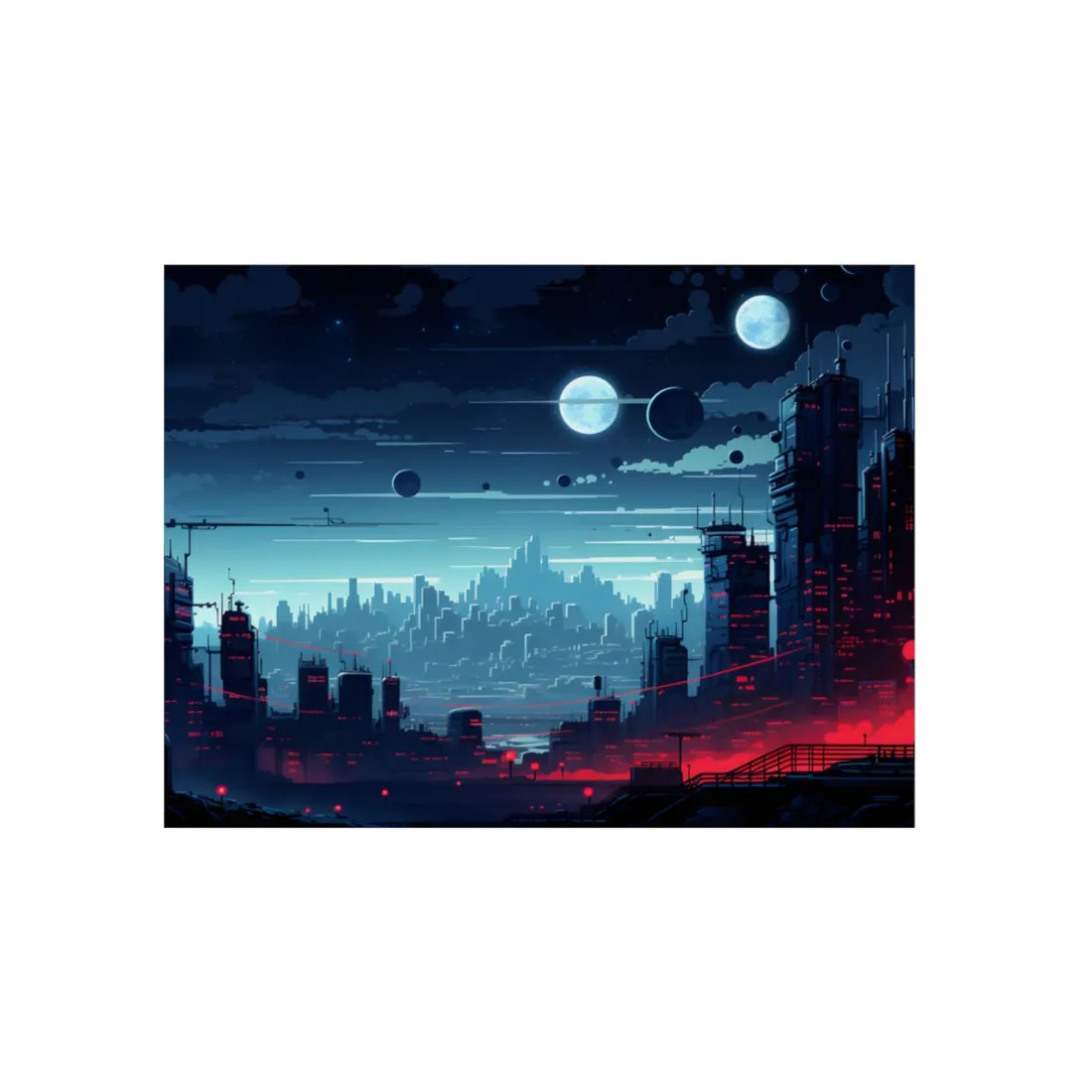 Burning Cyberpunk Cityscape at Night: Landscape Digital Art - Metal Poster