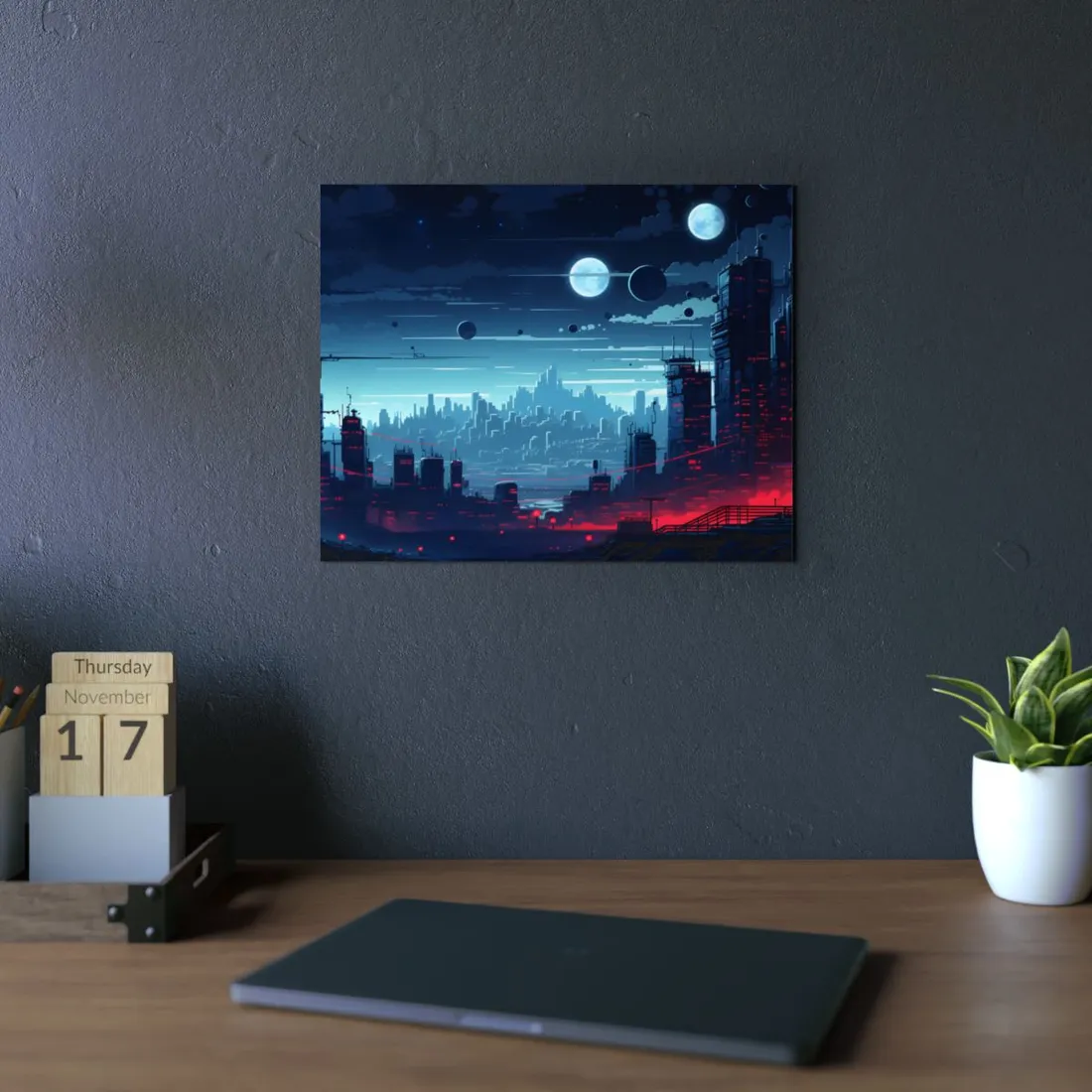 Burning Cyberpunk Cityscape at Night: Landscape Digital Art - Metal Poster
