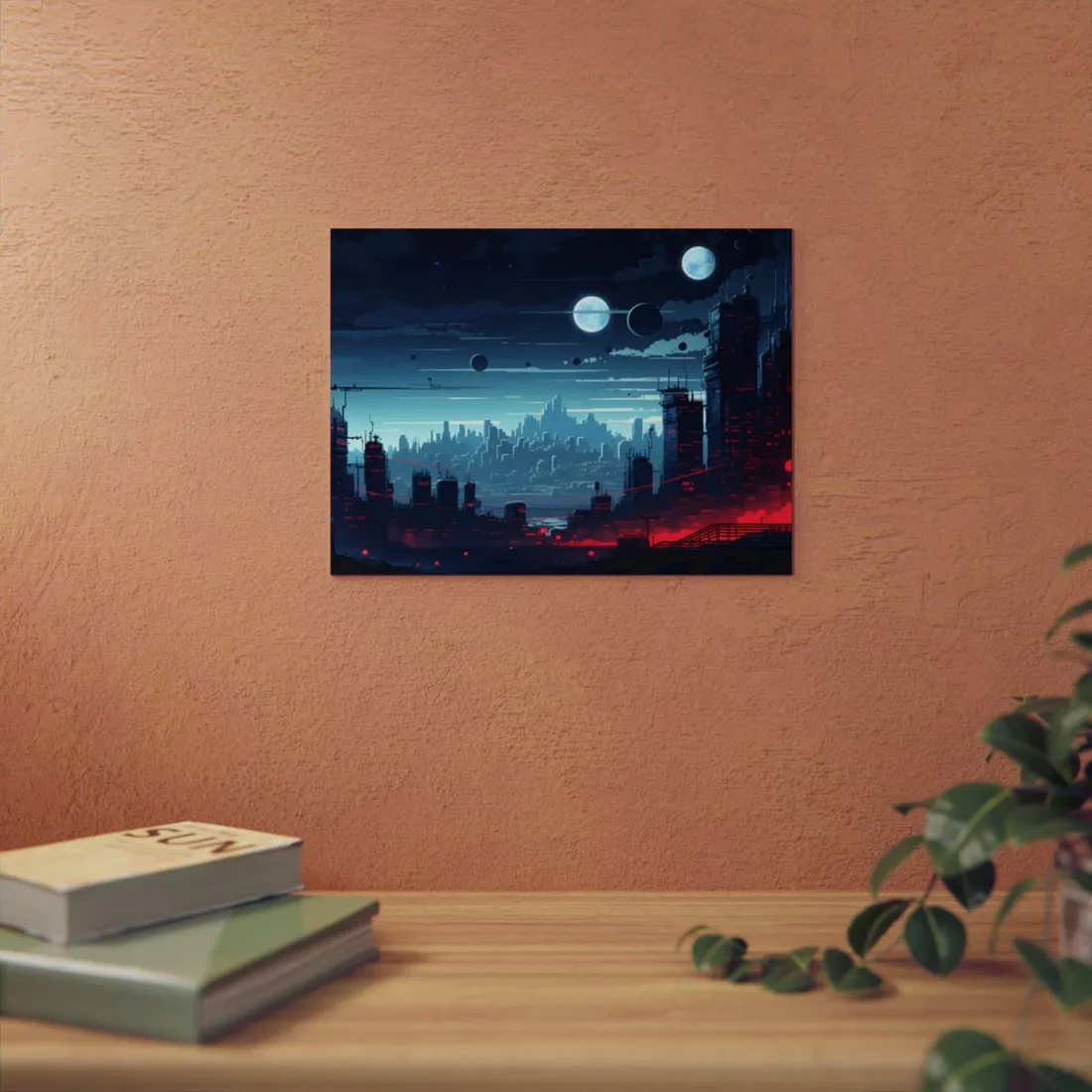 Burning Cyberpunk Cityscape at Night: Landscape Digital Art - Metal Poster