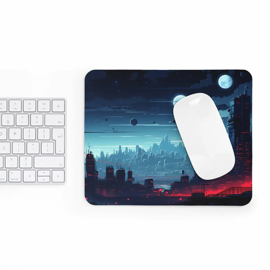 Burning Cyberpunk Cityscape at Night: Landscape Digital Art - Mouse Pad