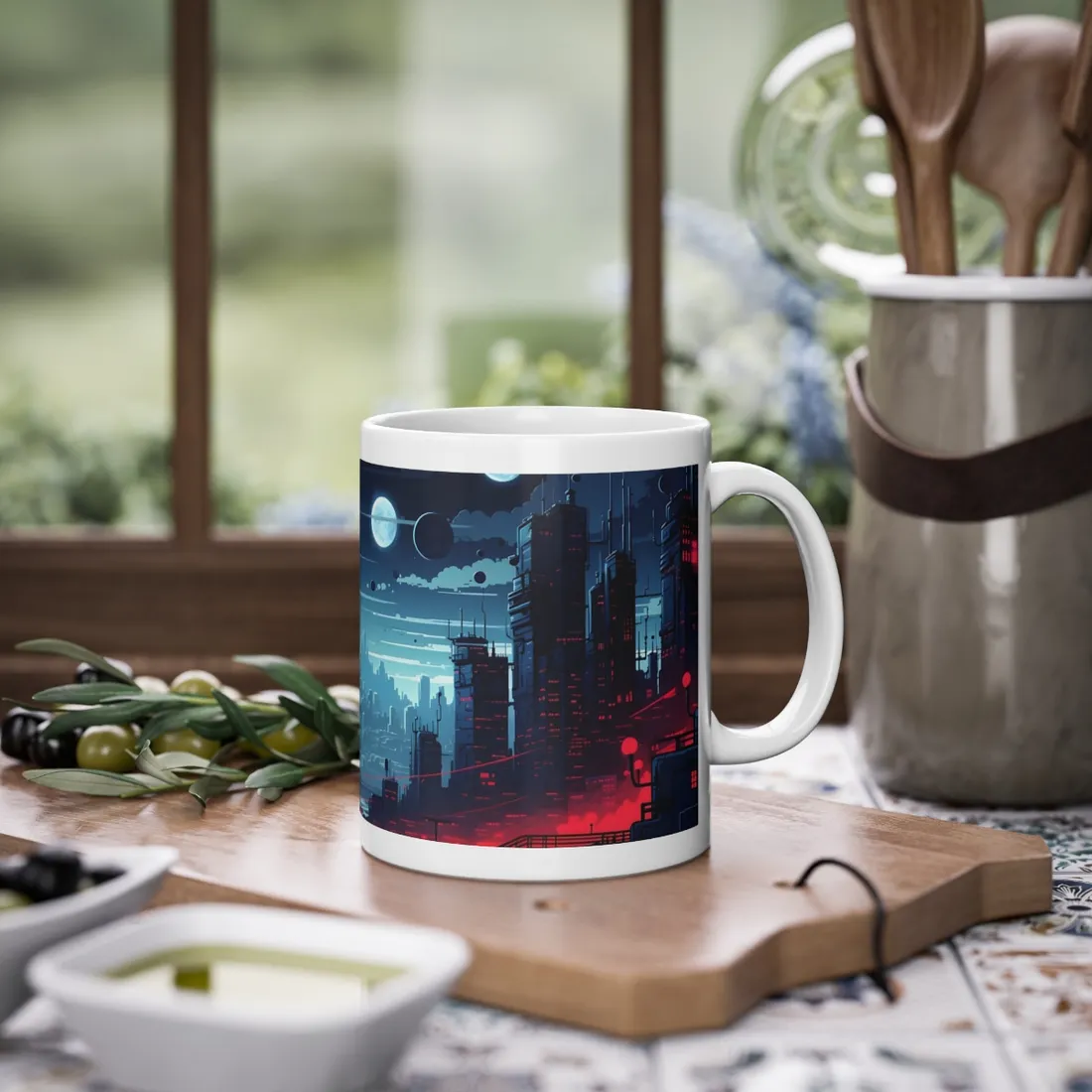 Burning Cyberpunk Cityscape at Night: Landscape Digital Art - Mug