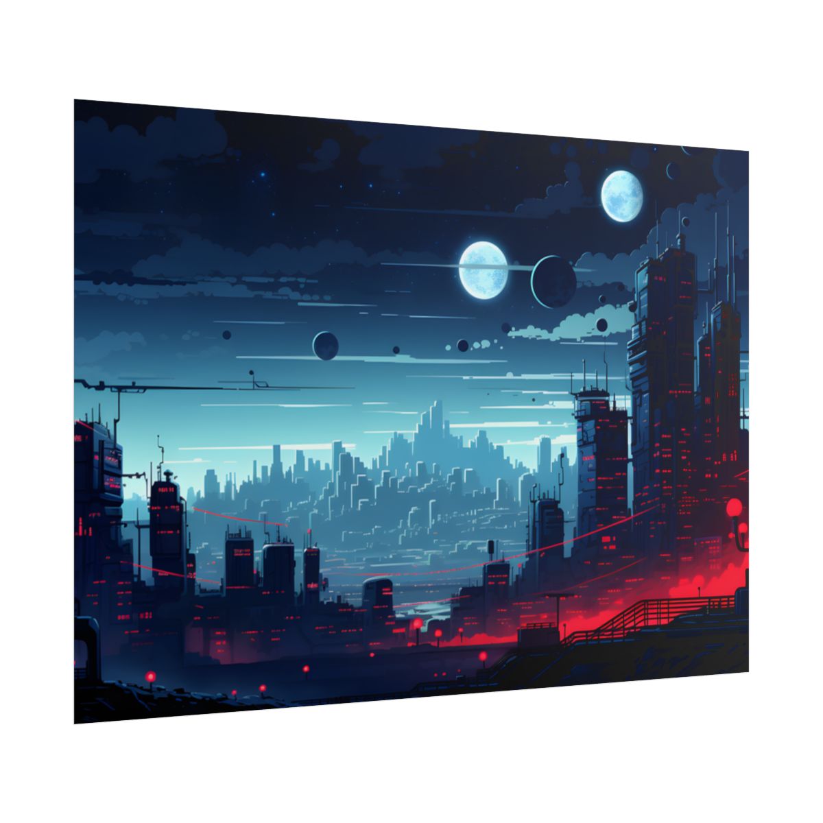 Burning Cyberpunk Cityscape at Night: Landscape Digital Art - Poster