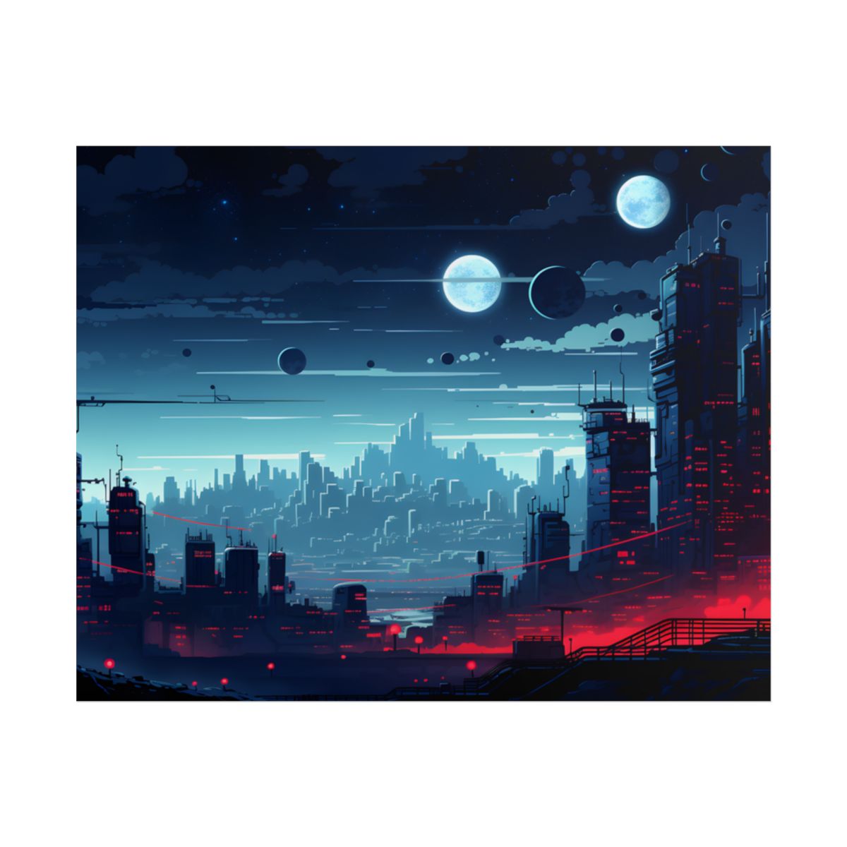 Burning Cyberpunk Cityscape at Night: Landscape Digital Art - Poster