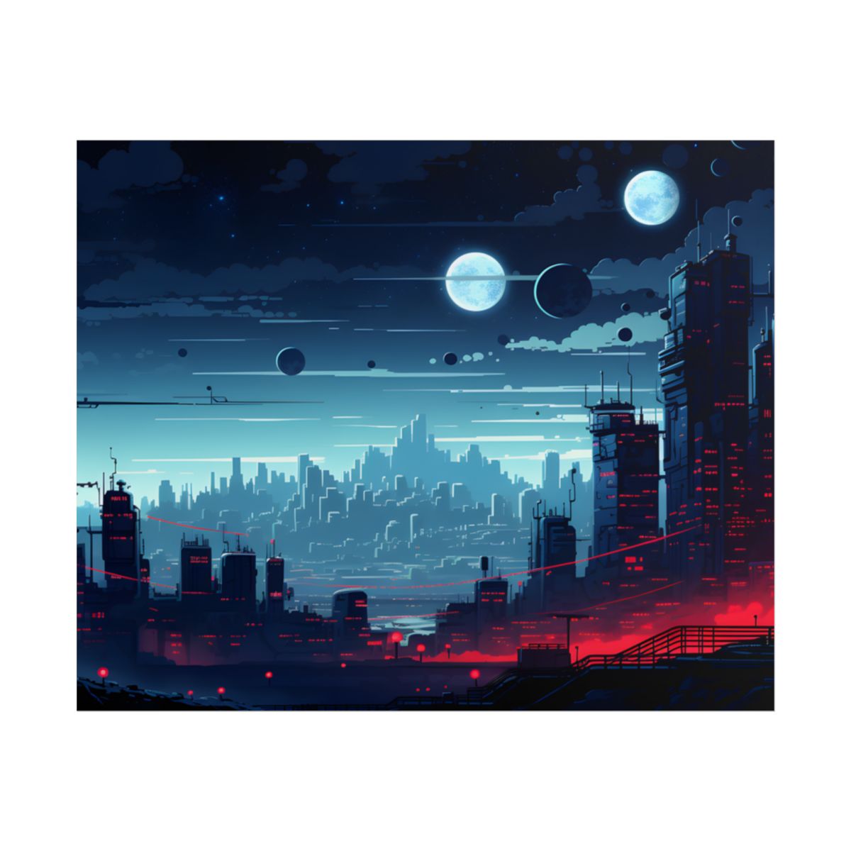 Burning Cyberpunk Cityscape at Night: Landscape Digital Art - Poster