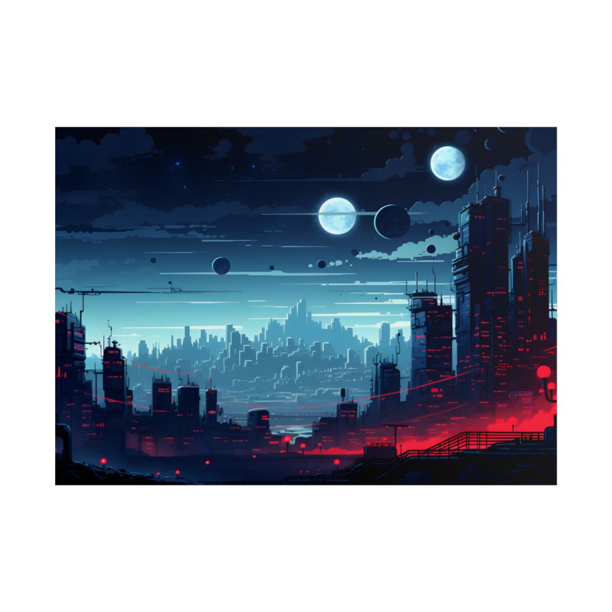 Burning Cyberpunk Cityscape at Night: Landscape Digital Art - Poster