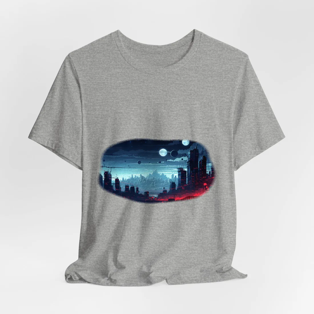 Pixel-art futuristic city at night, red lights glowing, pale moons above – T-Shirt, athletic heather
