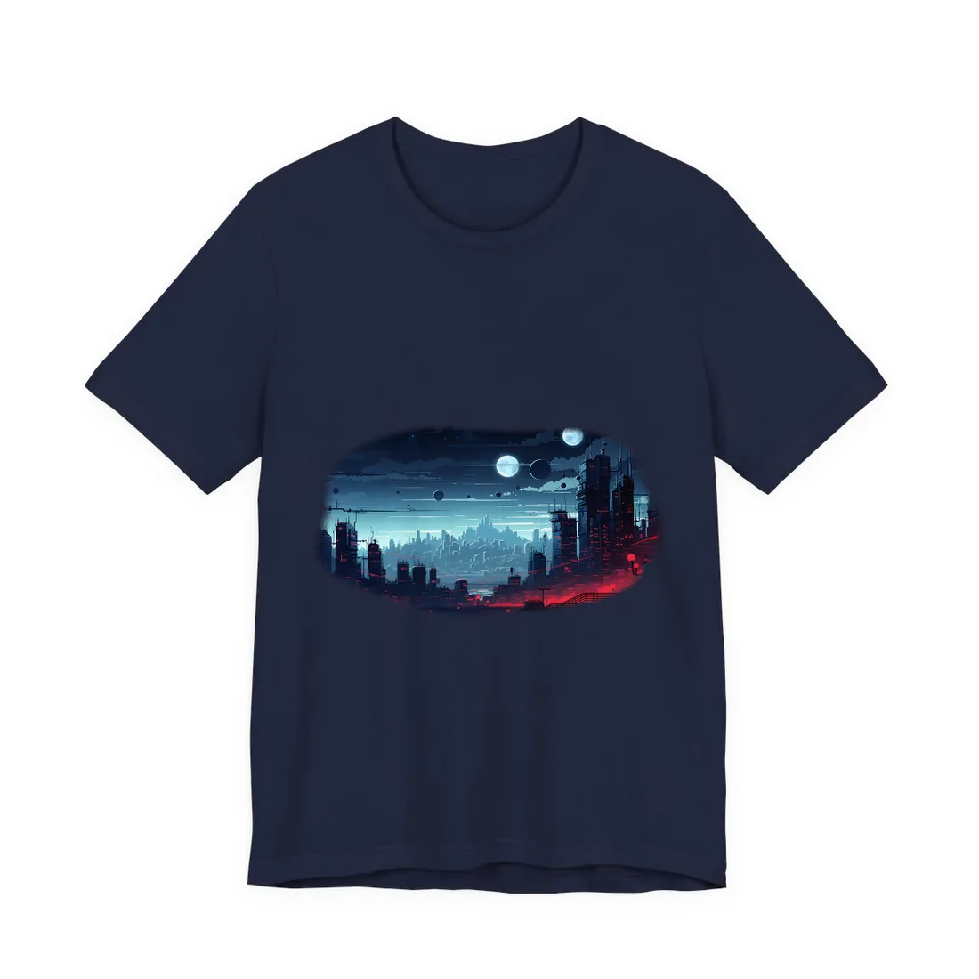 Pixel-art futuristic city at night, red lights glowing, pale moons above – T-Shirt, navy