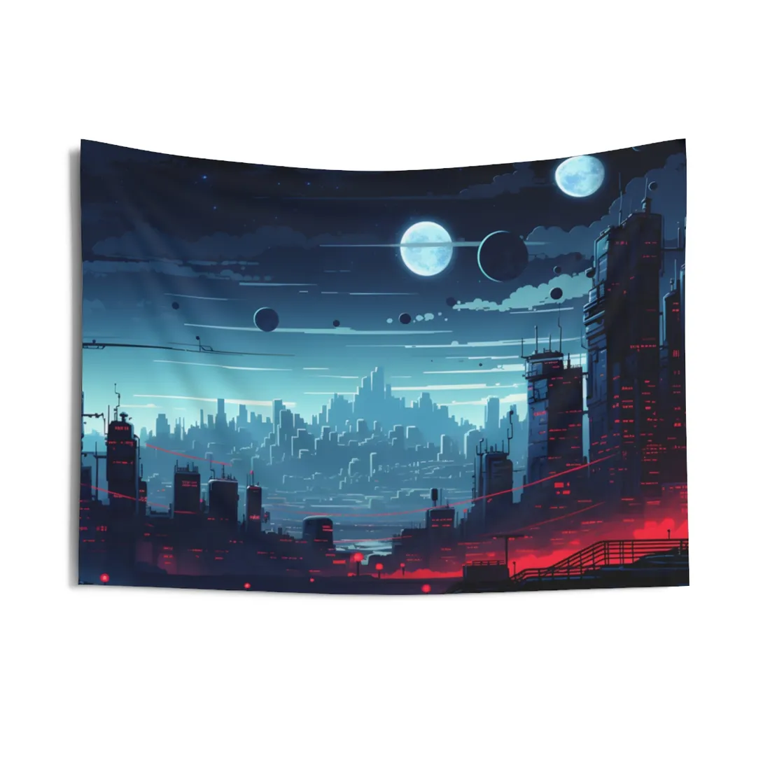 Burning Cyberpunk Cityscape at Night: Landscape Digital Art - Wall Tapestry