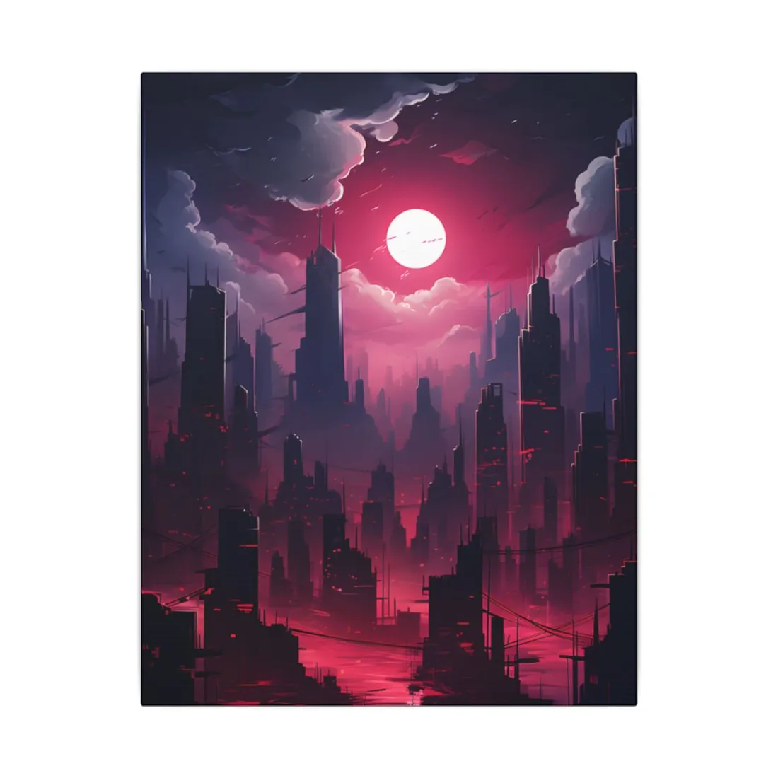 Burning Cyberpunk Cityscape: Digital Artwork at Night - Canvas
