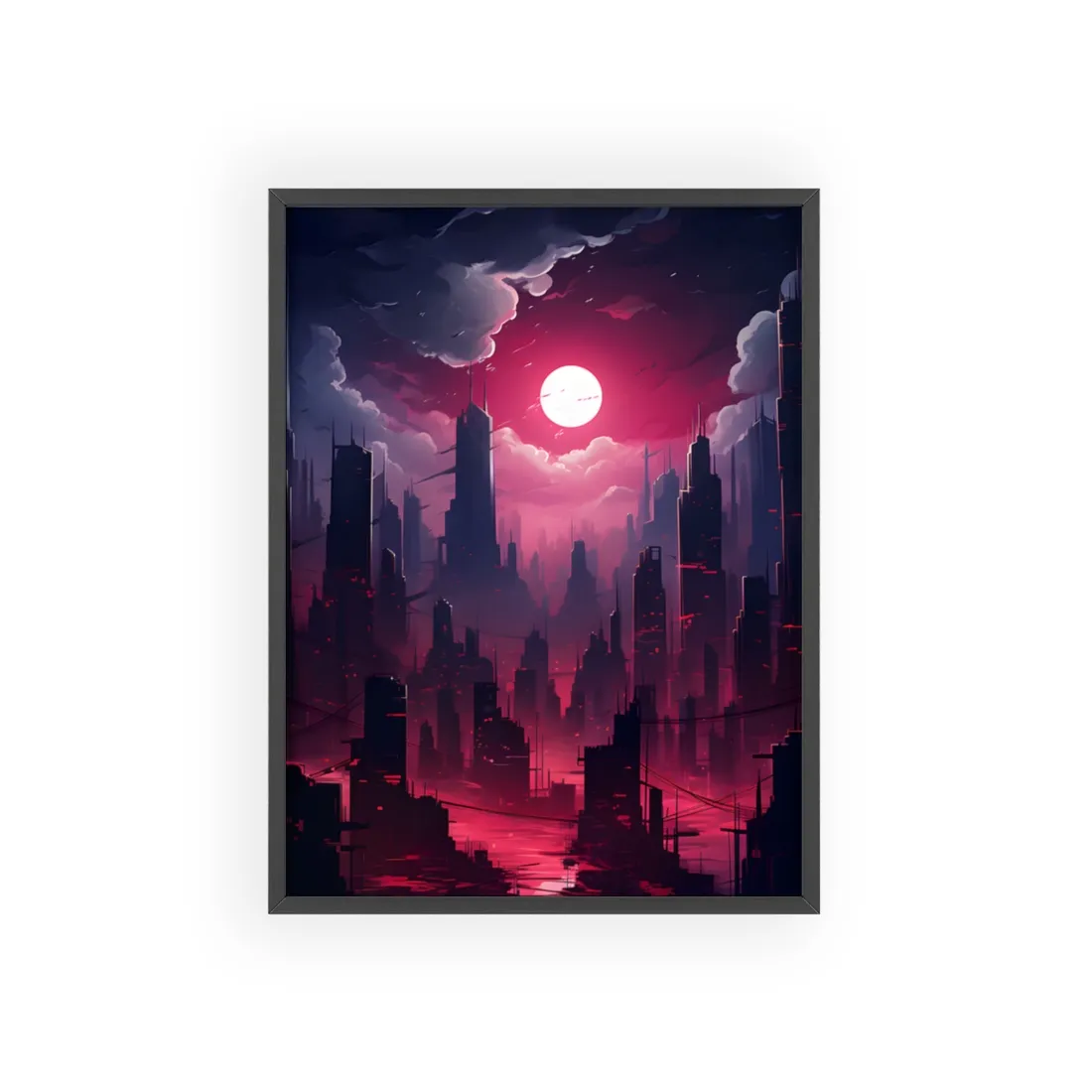 Burning Cyberpunk Cityscape: Digital Artwork at Night - Framed Poster