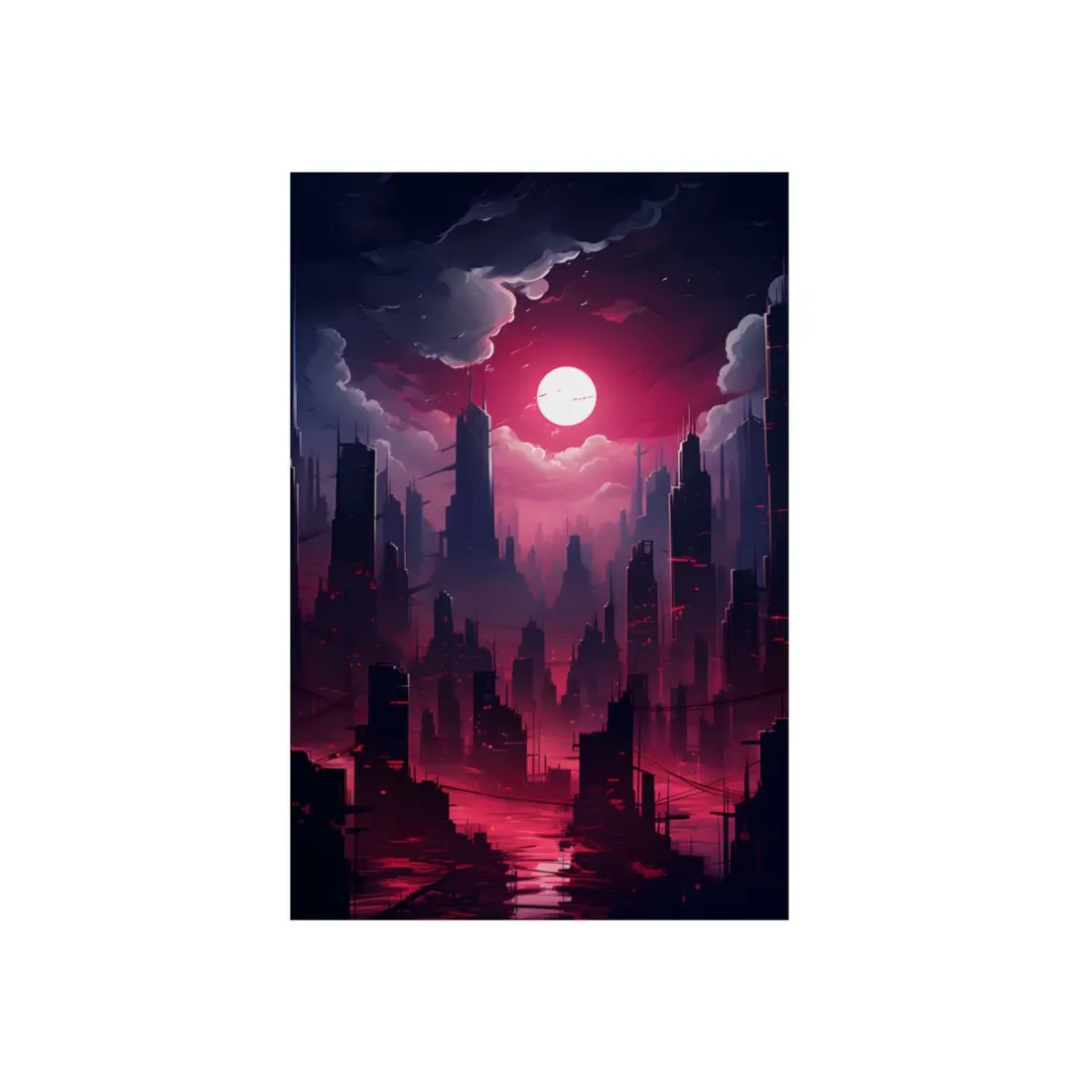 Burning Cyberpunk Cityscape: Digital Artwork at Night - Metal Poster