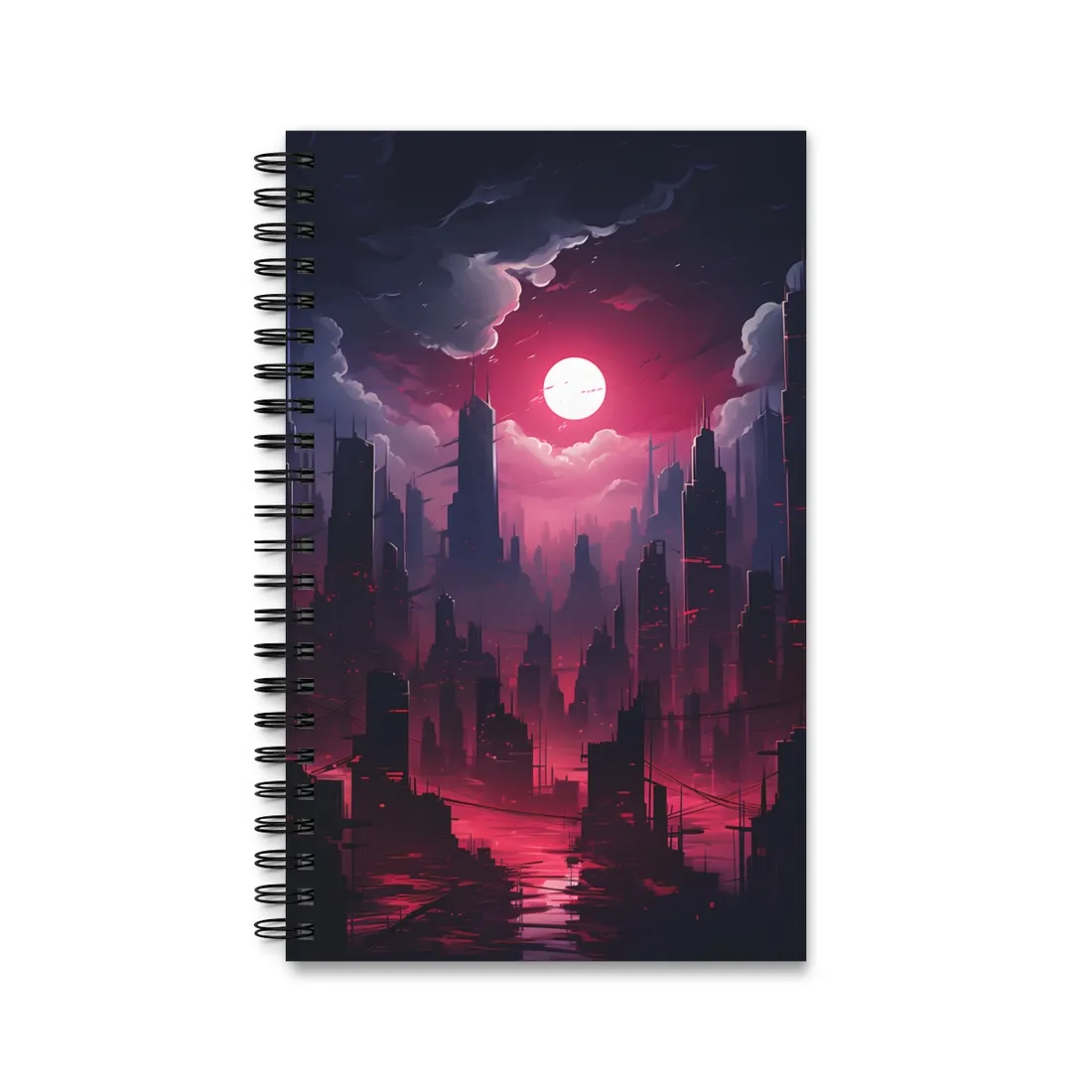Burning Cyberpunk Cityscape: Digital Artwork at Night - Spiral Notebook