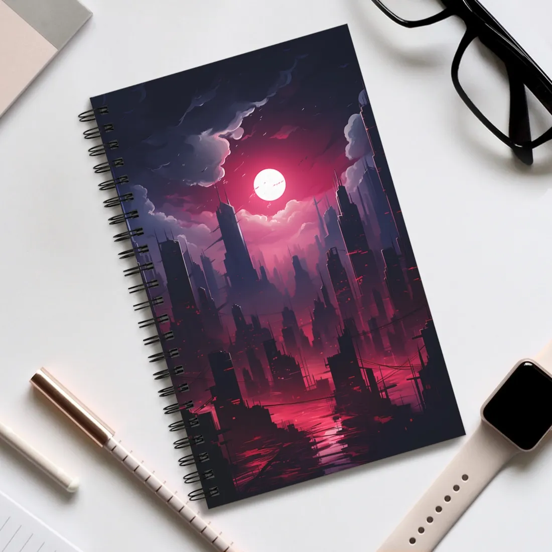 Burning Cyberpunk Cityscape: Digital Artwork at Night - Spiral Notebook