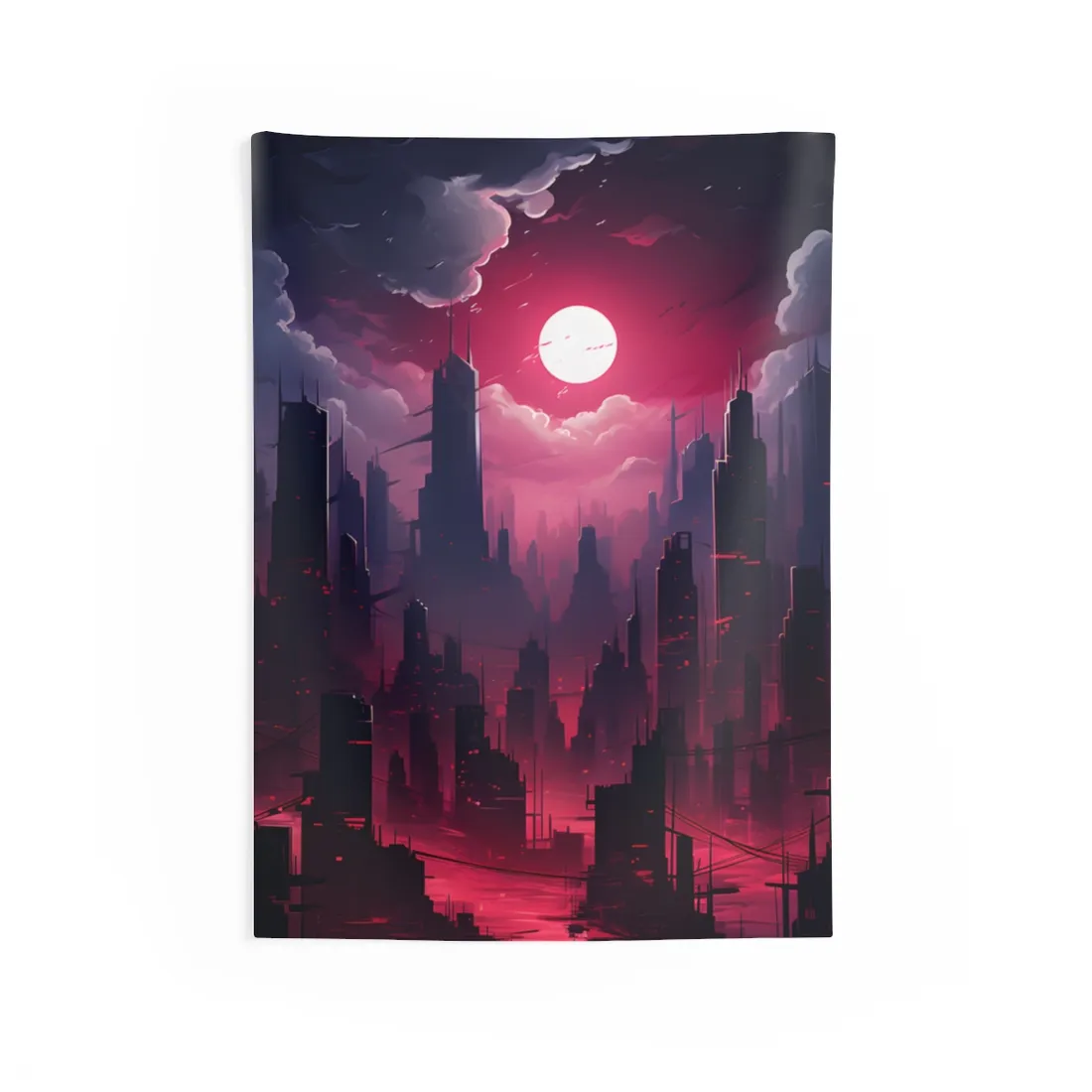 Burning Cyberpunk Cityscape: Digital Artwork at Night - Wall Tapestry