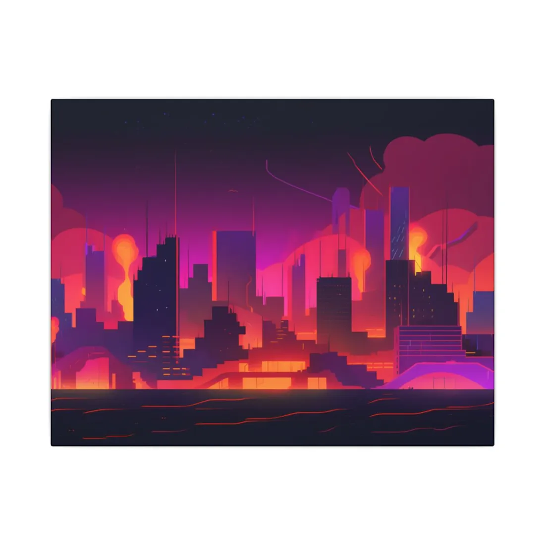 Burning Cyberpunk Cityscape: Nighttime - Canvas
