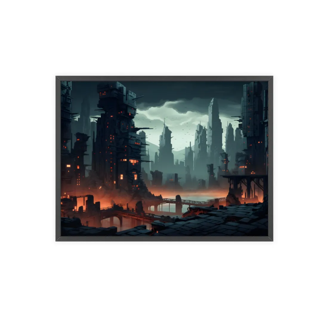 Burning Cyberpunk Cityscape: Nighttime Digital Art - Framed Poster