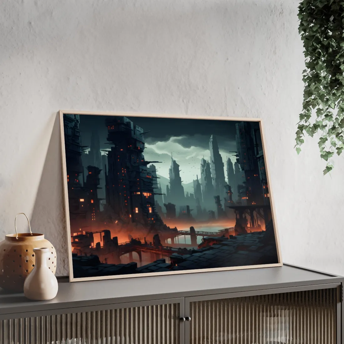 Burning Cyberpunk Cityscape: Nighttime Digital Art - Framed Poster