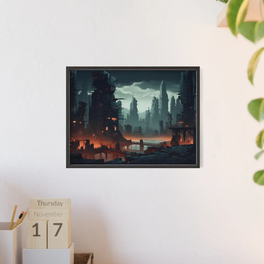 Burning Cyberpunk Cityscape: Nighttime Digital Art - Framed Poster