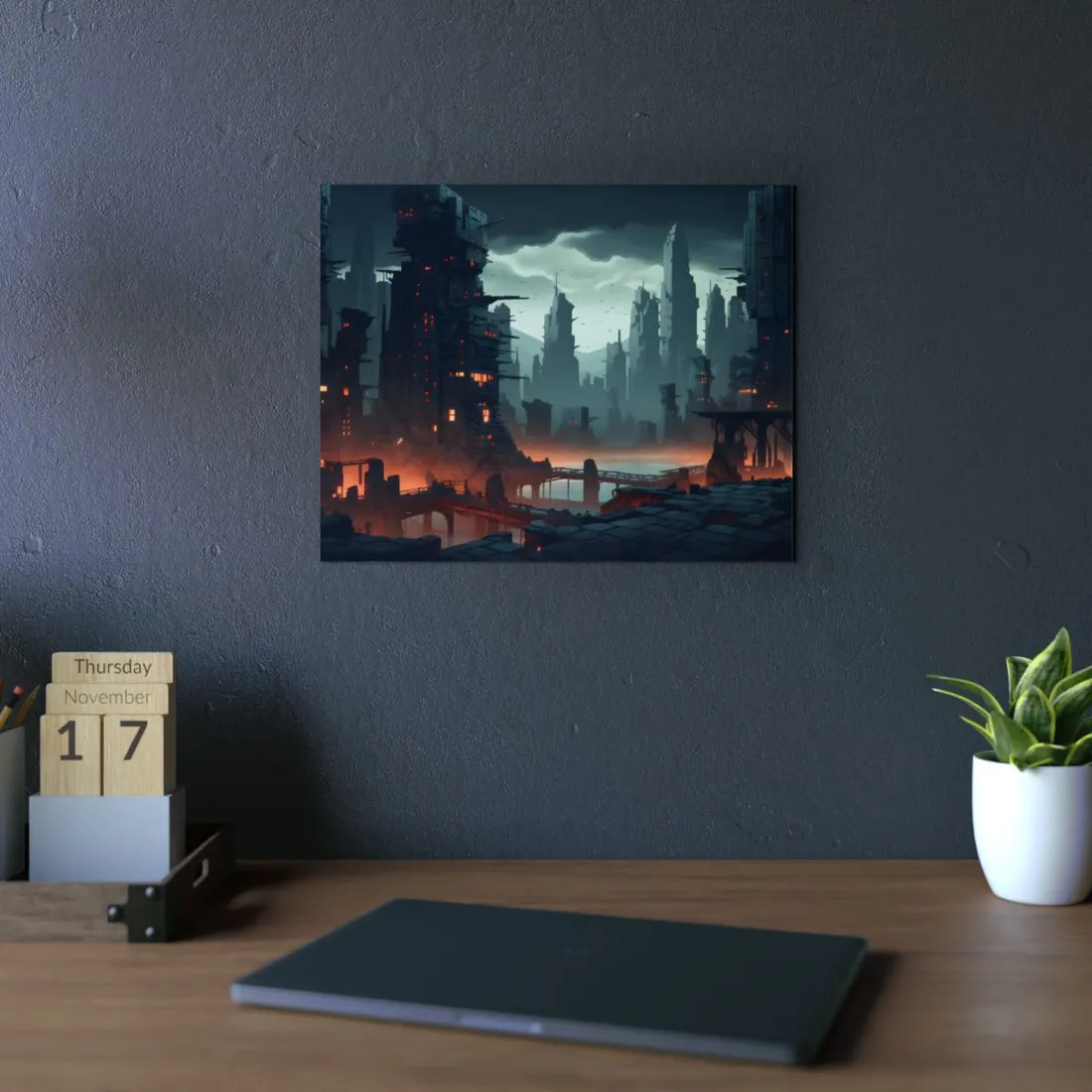 Burning Cyberpunk Cityscape: Nighttime Digital Art - Metal Poster