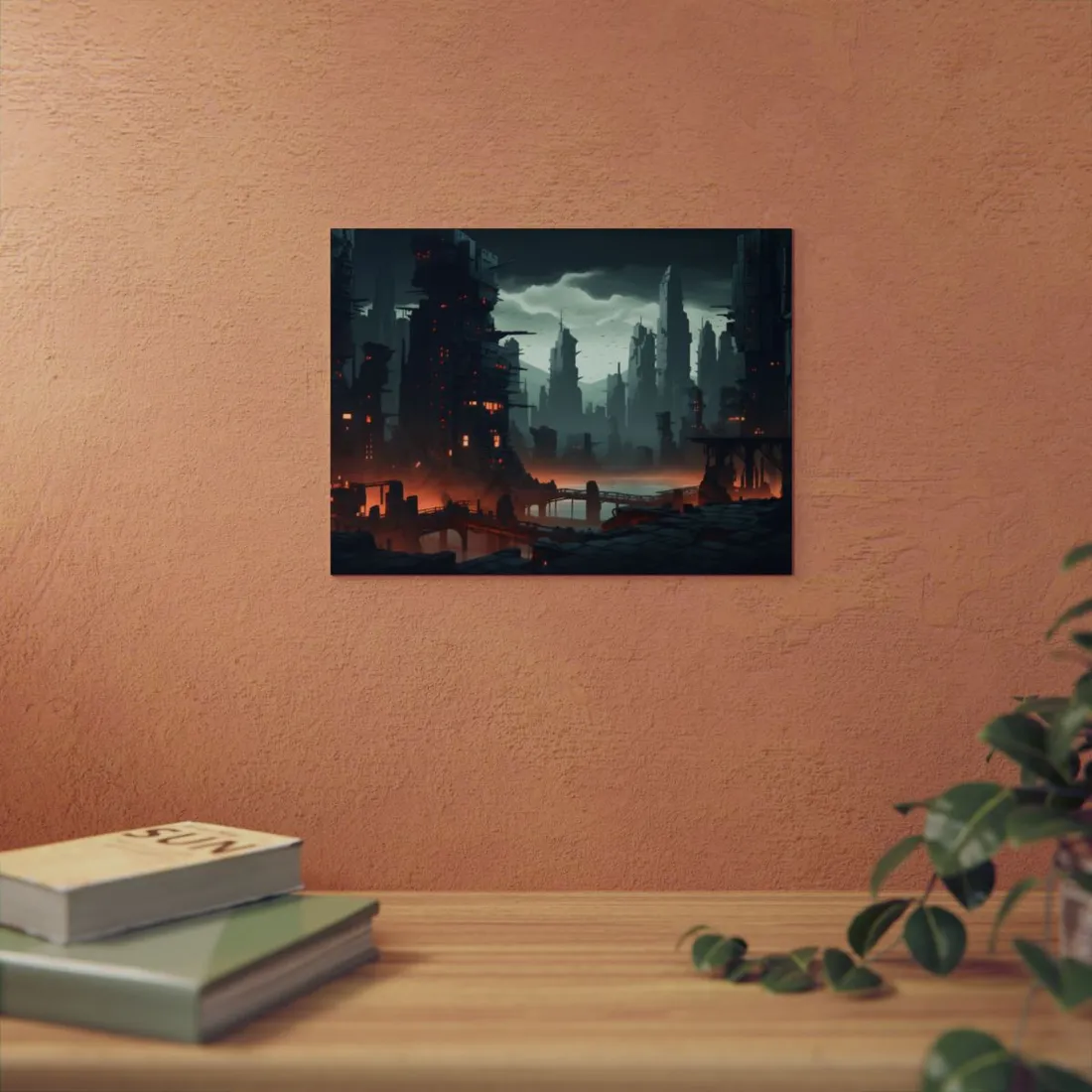 Burning Cyberpunk Cityscape: Nighttime Digital Art - Metal Poster