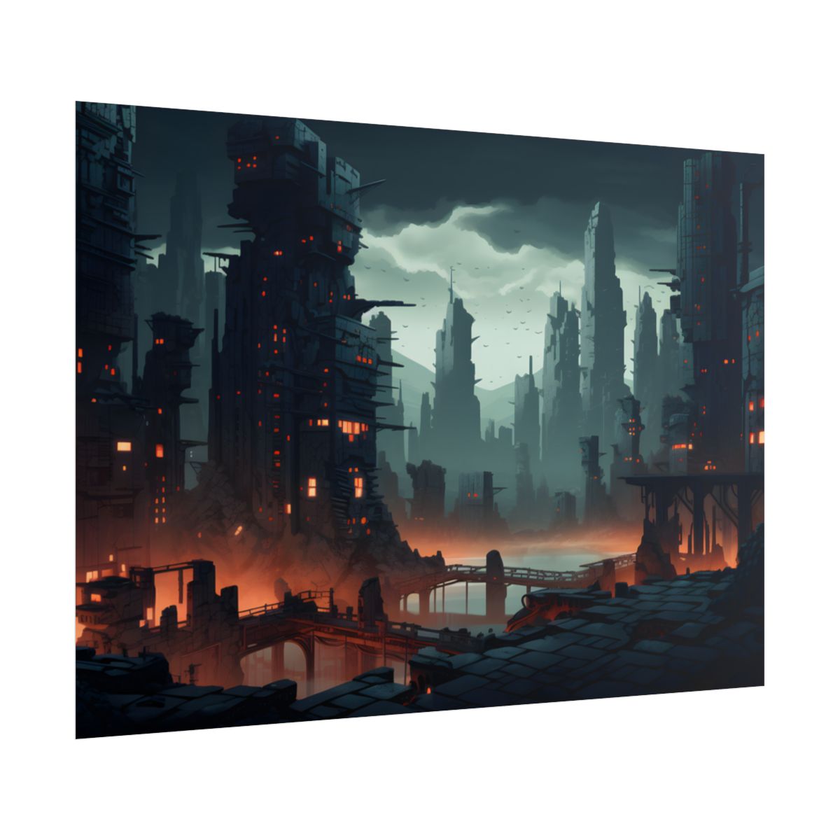 Burning Cyberpunk Cityscape: Nighttime Digital Art - Poster
