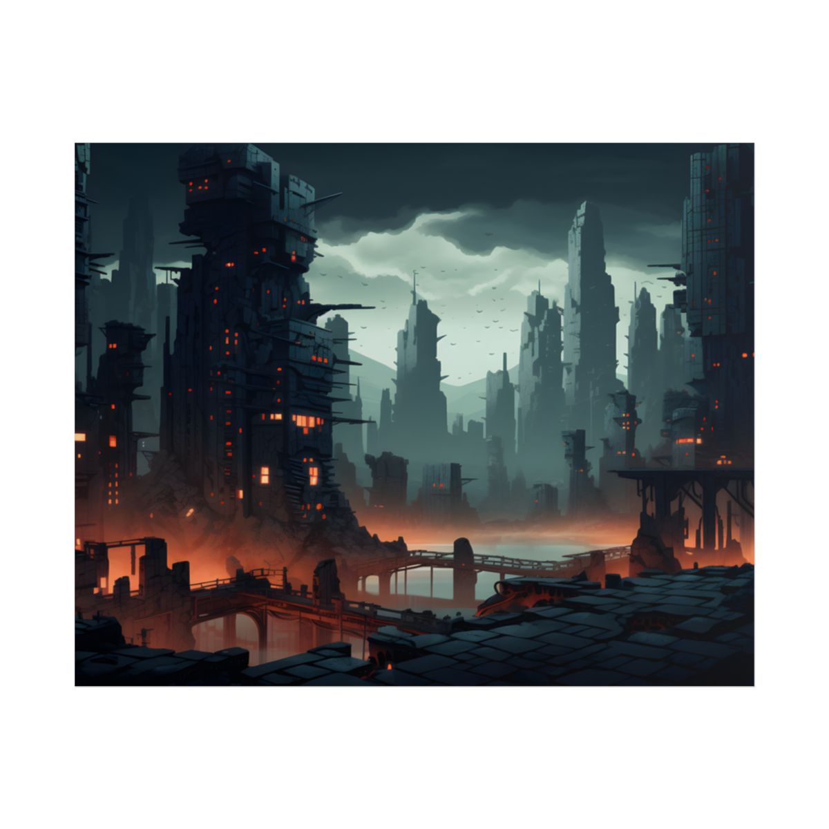 Burning Cyberpunk Cityscape: Nighttime Digital Art - Poster