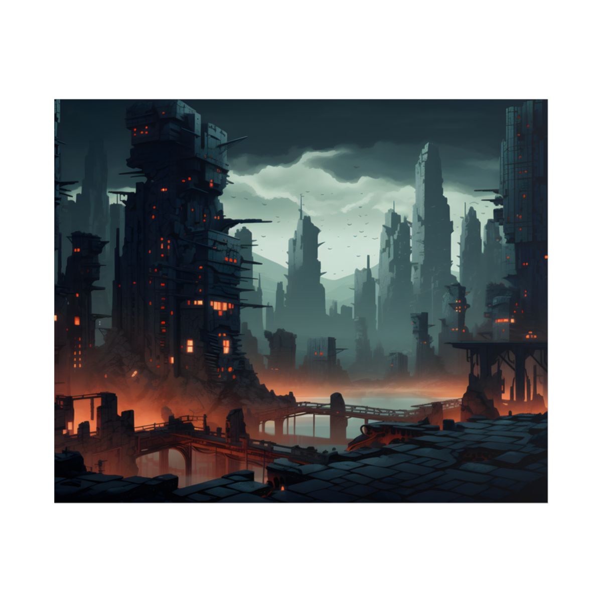 Burning Cyberpunk Cityscape: Nighttime Digital Art - Poster
