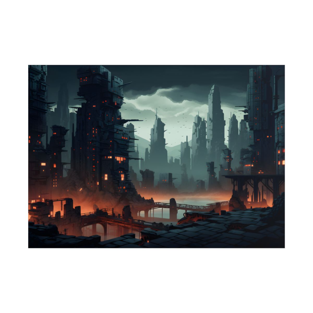 Burning Cyberpunk Cityscape: Nighttime Digital Art - Poster