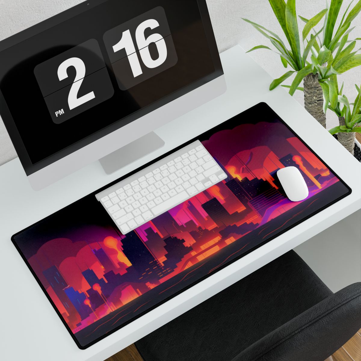 Burning Cyberpunk Cityscape: Nighttime Digital Artwork - Desk Mat