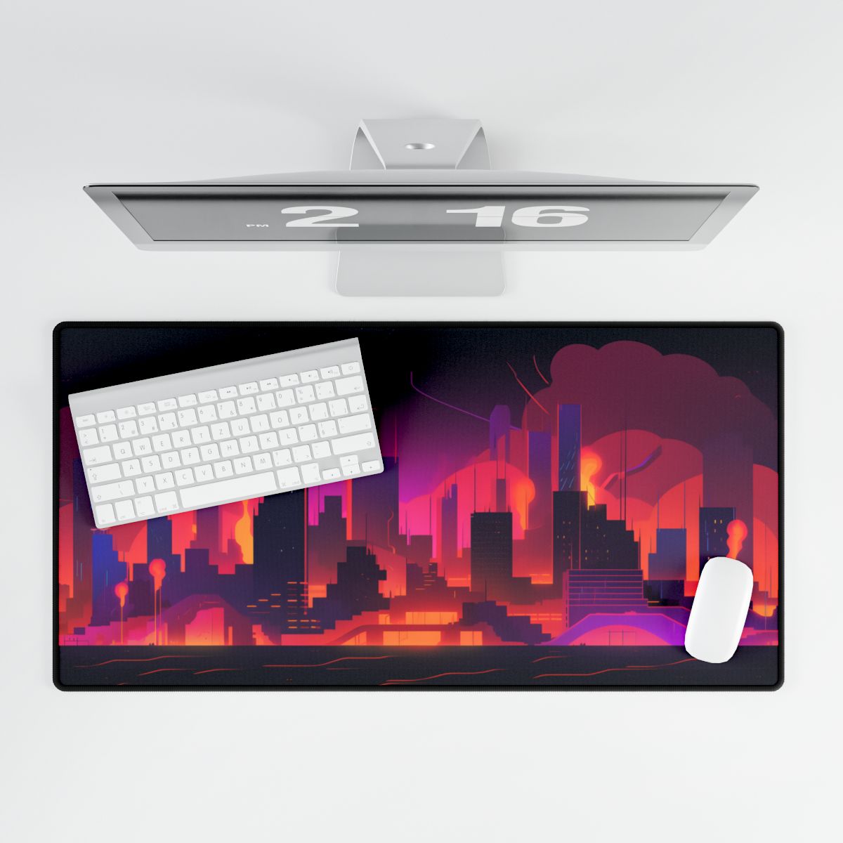Burning Cyberpunk Cityscape: Nighttime Digital Artwork - Desk Mat