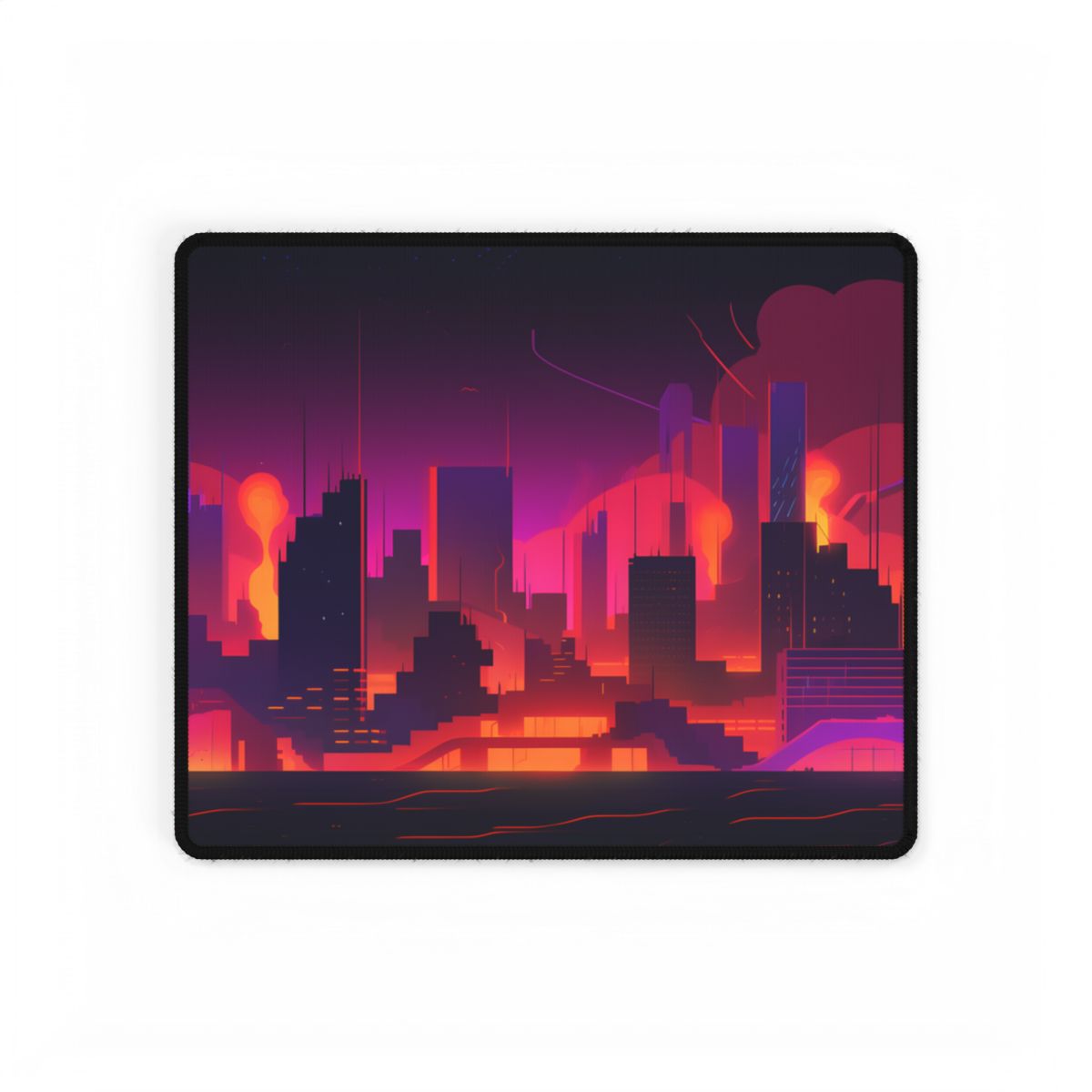 Burning Cyberpunk Cityscape: Nighttime Digital Artwork - Desk Mat
