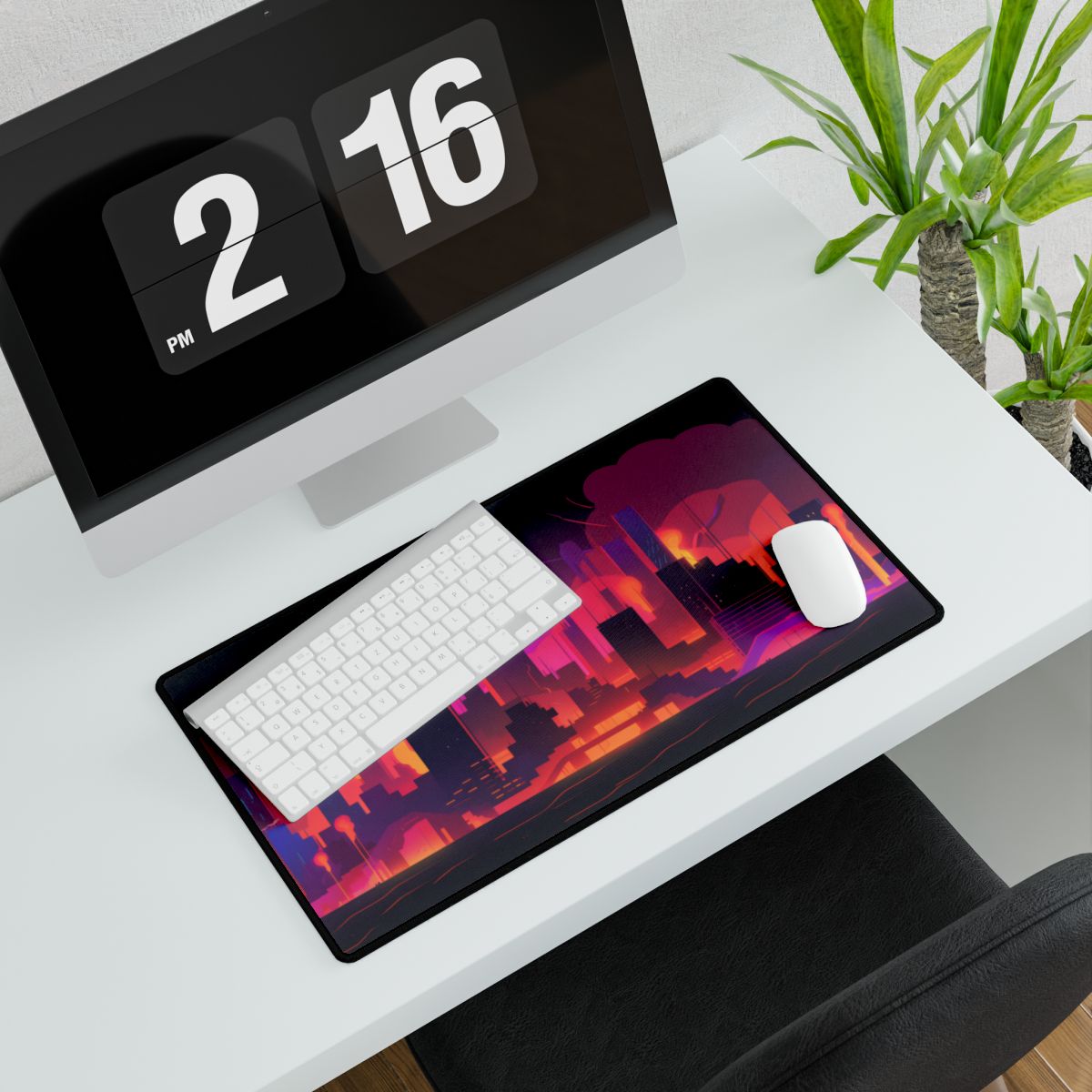 Burning Cyberpunk Cityscape: Nighttime Digital Artwork - Desk Mat
