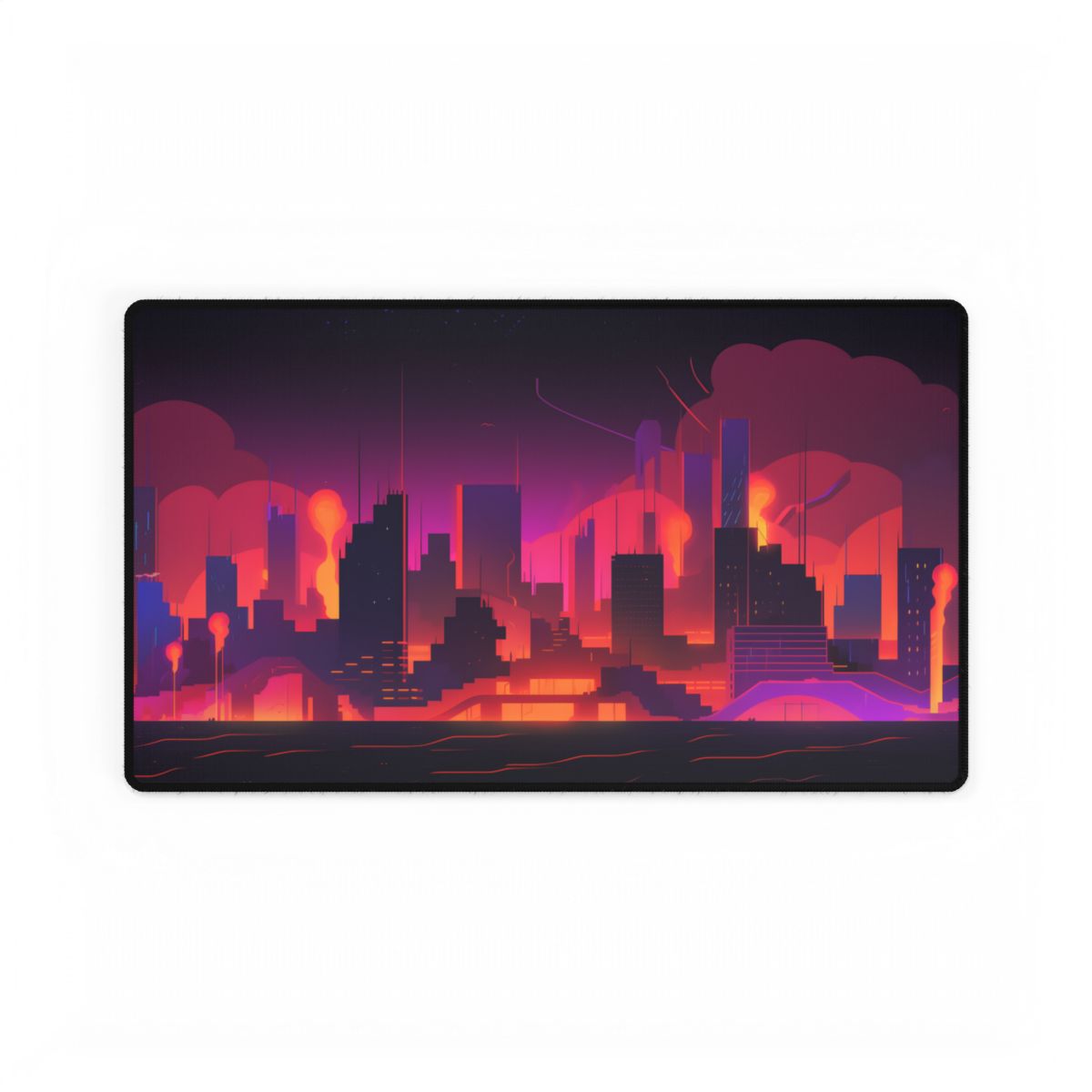 Burning Cyberpunk Cityscape: Nighttime Digital Artwork - Desk Mat