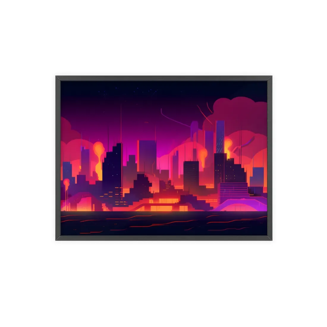 Burning Cyberpunk Cityscape: Nighttime - Framed Poster