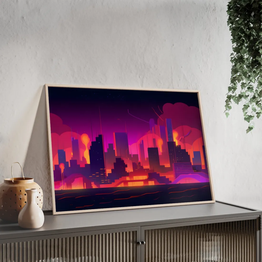 Burning Cyberpunk Cityscape: Nighttime - Framed Poster