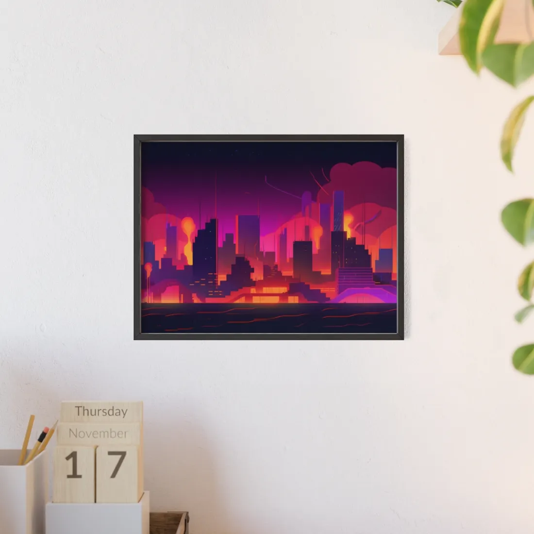 Burning Cyberpunk Cityscape: Nighttime - Framed Poster