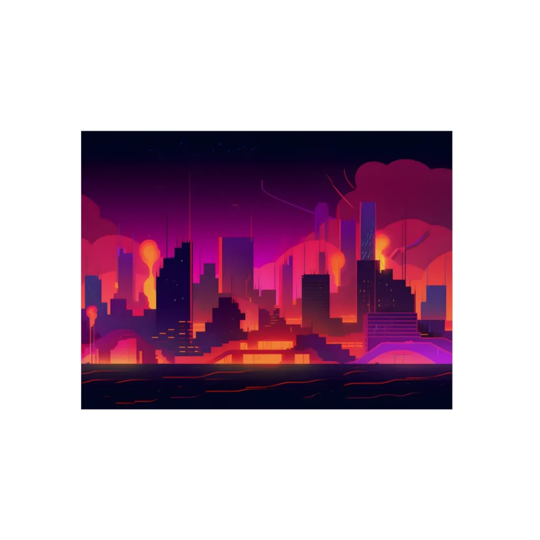 Burning Cyberpunk Cityscape: Nighttime - Metal Poster