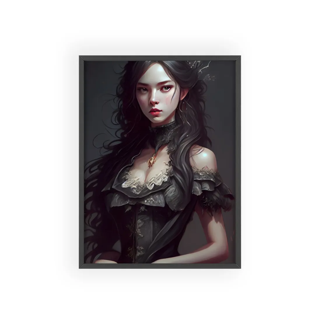 Calm Confidence: Striking Female Portrait with Black Hair - Framed Poster