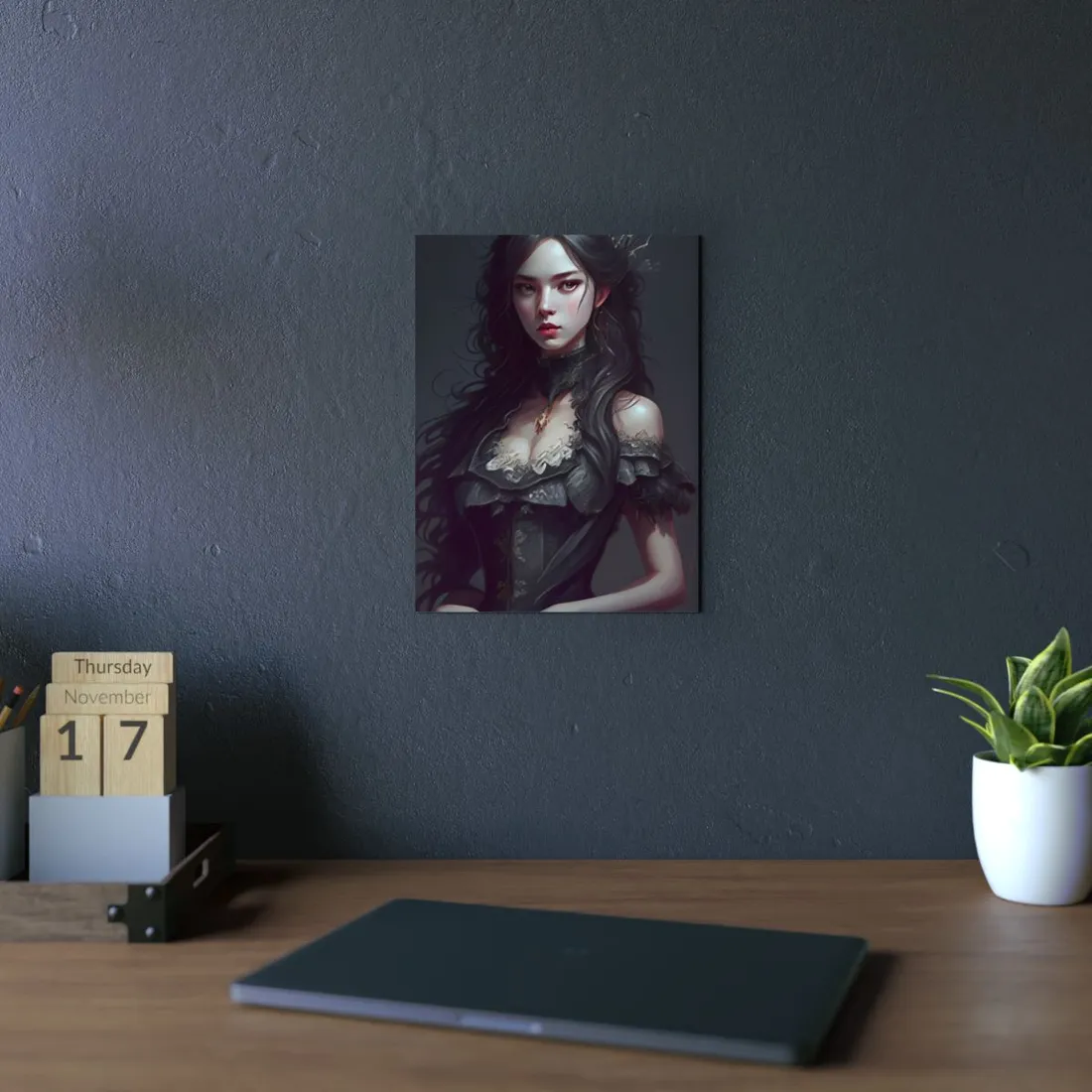 Calm Confidence: Striking Female Portrait with Black Hair - Metal Poster