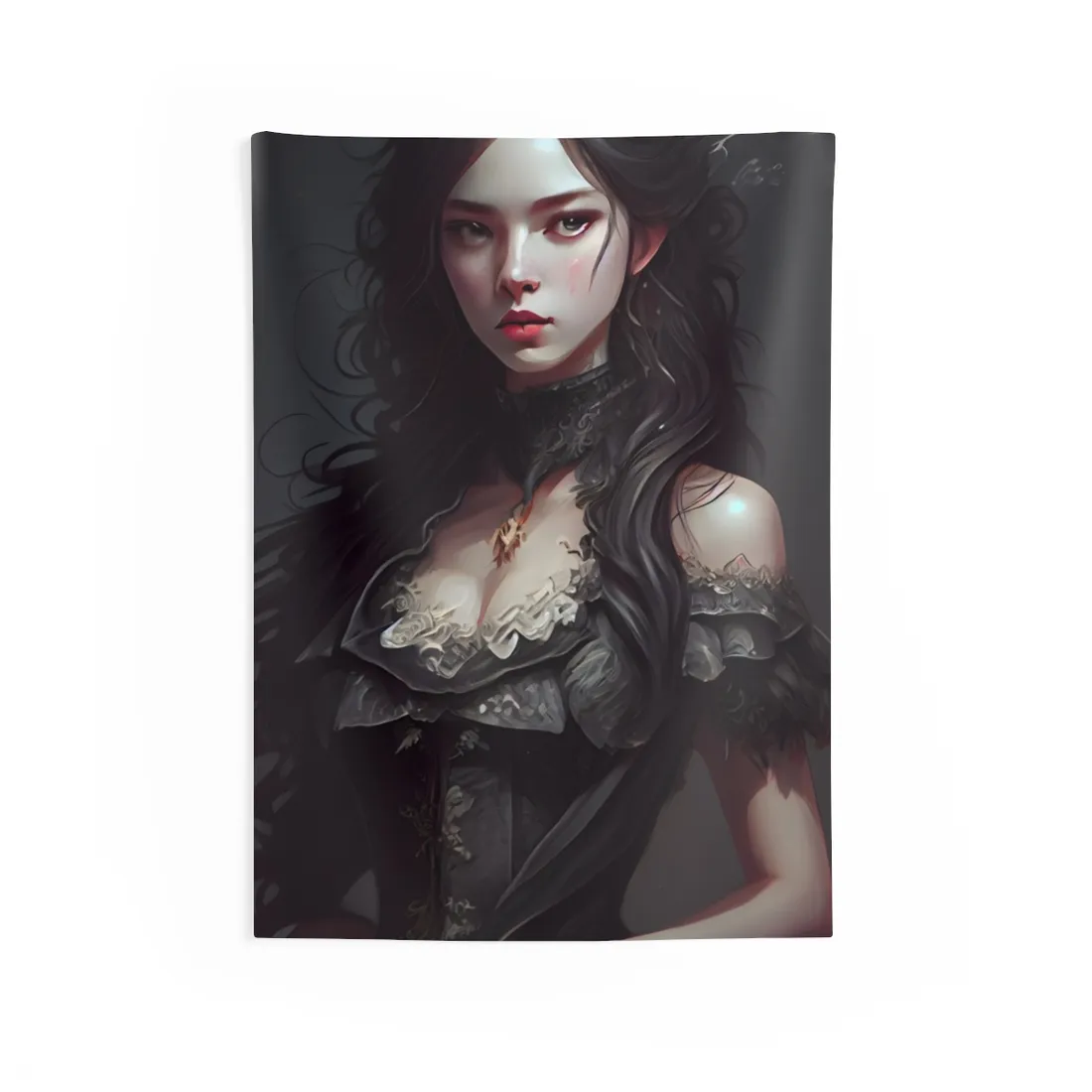 Calm Confidence: Striking Female Portrait with Black Hair - Wall Tapestry