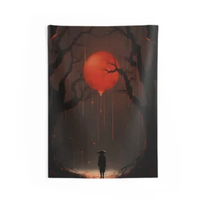 Lone Figure Under Red Moon Wall Tapestry