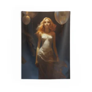 Woman Beneath Glowing Balloons Wall Tapestry