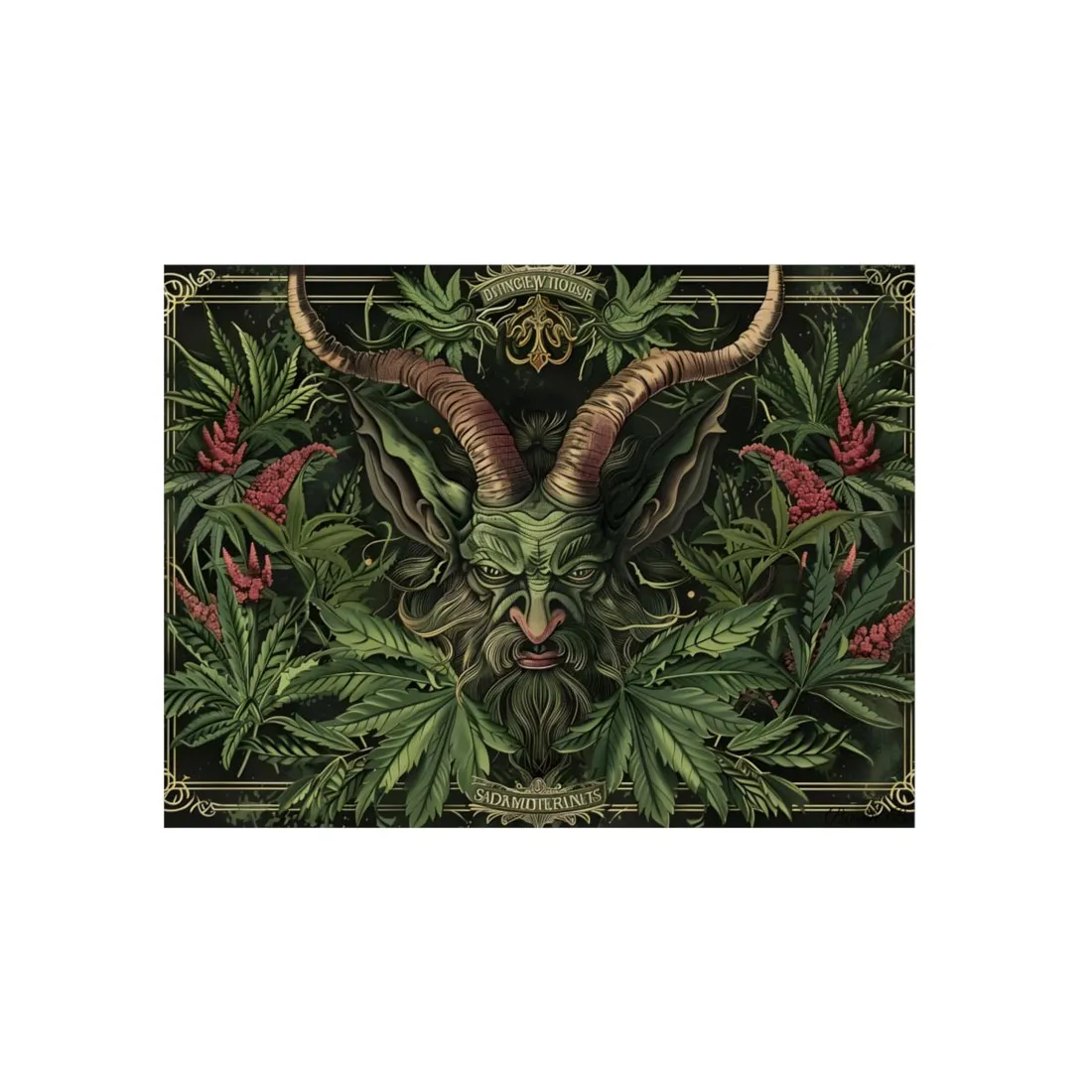 Cannabis Leaf Devil Face: Dark Botanical Horns - Metal Poster